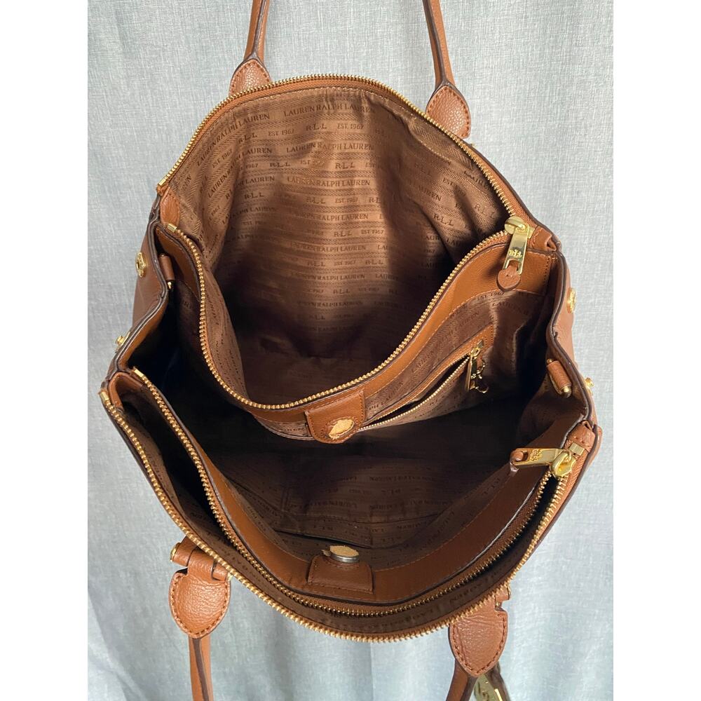 Lauren Ralph Lauren Cognac Brown Pebbled Leather Satchel Tote Bag (As-Is) - Picture 3 of 9